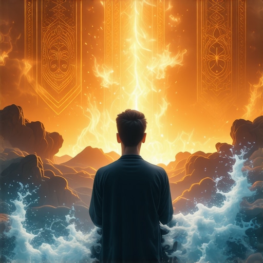 A contemplative individual analyzing symbols of fire and water with Islamic art motifs.