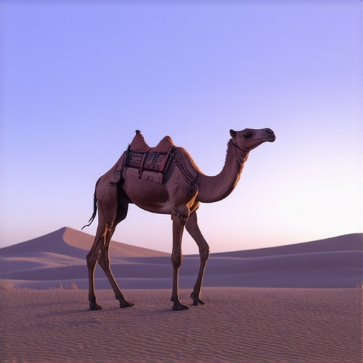 A serene desert landscape with a majestic camel walking towards the horizon at sunrise.