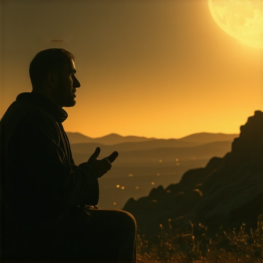 A peaceful scene depicting a person contemplating divine dreams related to Prophet Musa with divine light and spiritual symbols