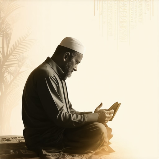 A scholar contemplating Islamic symbols and dreams in a peaceful setting