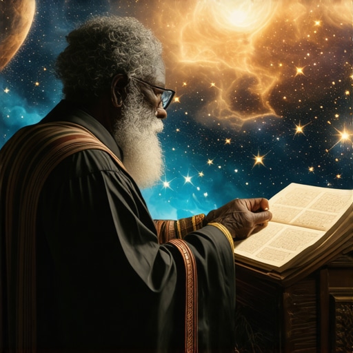 Islamic scholar studying dream symbols against a celestial backdrop
