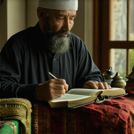 Islamic scholar analyzing dream symbols with Quran in a peaceful setting