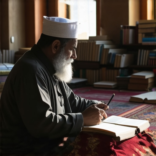A peaceful Islamic scholar studying sacred dream symbols in a tranquil setting.