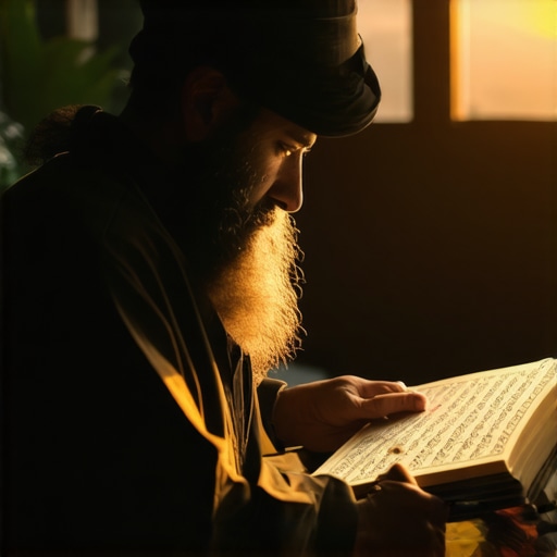 A scholar analyzing Islamic dream symbols with Quran and dream dictionary in a peaceful setting