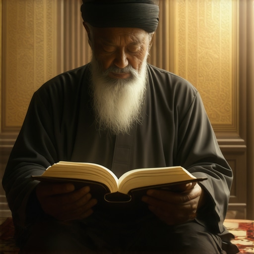 Islamic Scholar Studying Dream Symbols A scholar analyzing Islamic dream symbols with traditional texts in a peaceful setting.