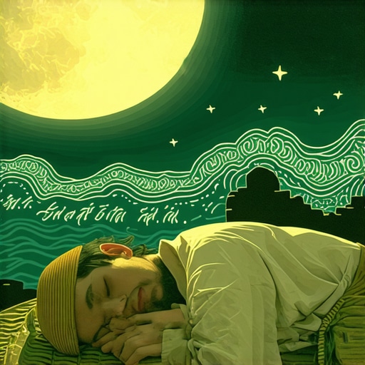 Peaceful person sleeping with symbolic dream elements around, representing divine messages in Islam.
