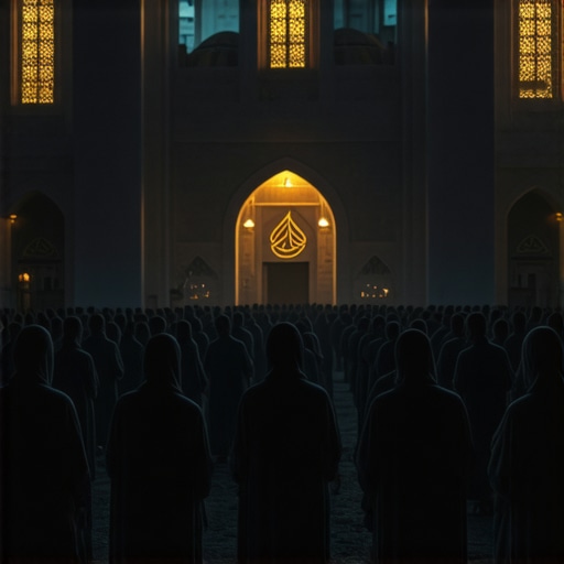 A peaceful mosque scene with worshippers and divine symbols representing spiritual connection