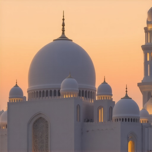 A peaceful mosque bathed in dawn light, symbolizing divine guidance in dreams