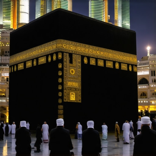 Night scene of the Kaaba with pilgrims praying, symbolizing divine messages