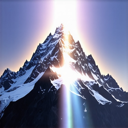 Majestic mountain with divine light at summit representing spiritual growth in Islam.