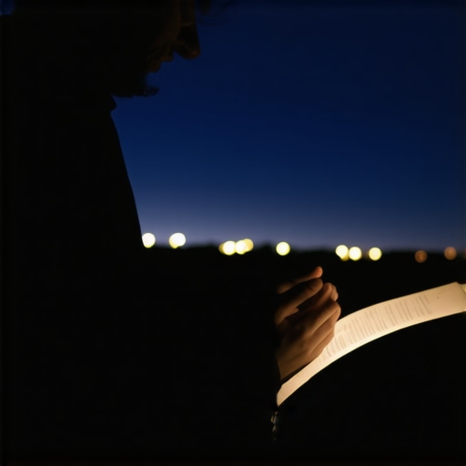 A person praying at night with a dream journal, representing spiritual guidance and dream analysis.