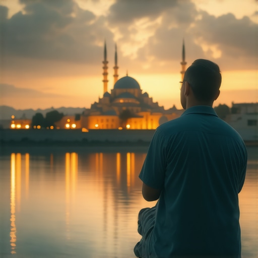 Person praying at night with symbolic Islamic dream imagery