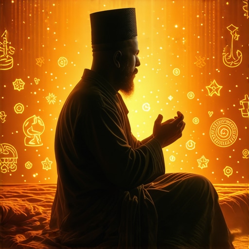Spiritual contemplation of Islamic dream symbols Islamic scholar reflecting on dream symbolism with divine motifs