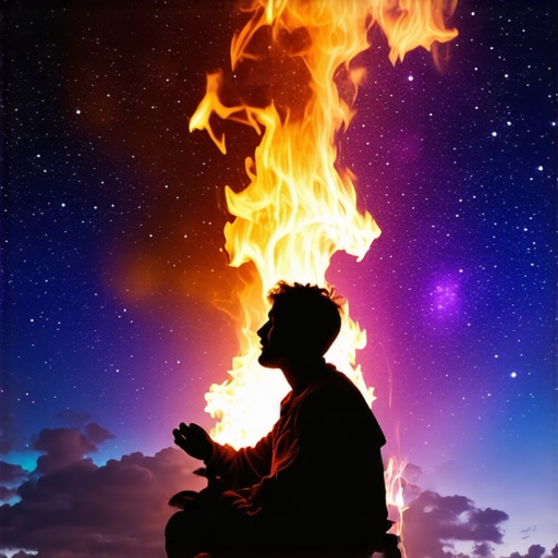 A mystical fire illuminating a spiritual night sky