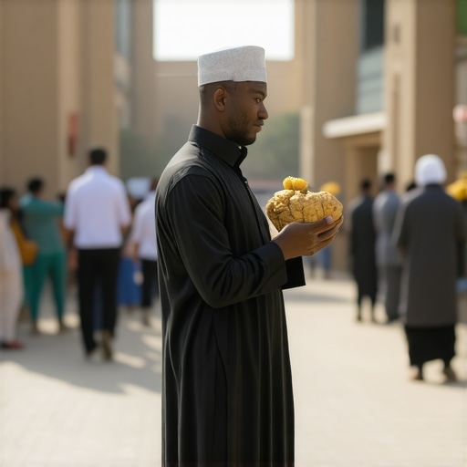 Compassionate Giving in Islam Person giving charity to needy in peaceful Islamic environment