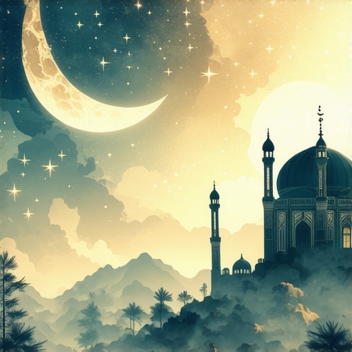 An artistic depiction of celestial symbols like moons and stars representing divine messages in Islamic dreams.