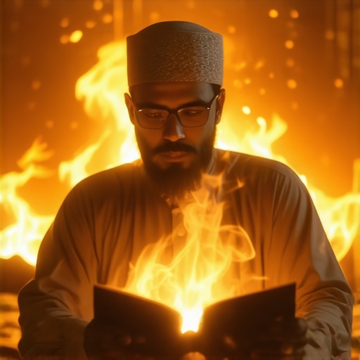 Divine Guidance Through Dream Symbols Islamic scholar analyzing dream symbols with mystical fire background