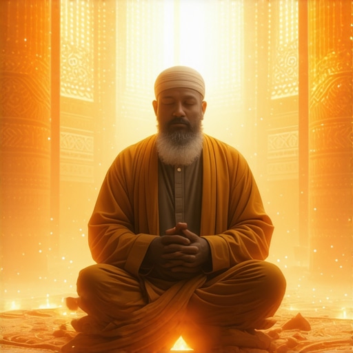 Divine Guidance Through Dreams in Islamic Spirituality A Muslim scholar engaged in deep reflection surrounded by Islamic symbols and divine light