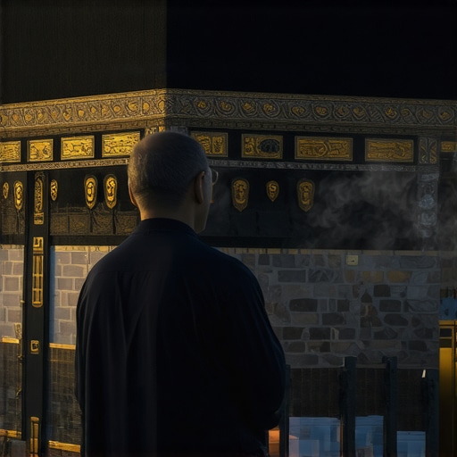 Divine Light of Tawaf Dreams A person praying near the Kaaba with divine light symbols
