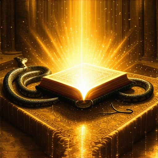 A mystical Islamic dream scene with a snake and Quran symbolizing spiritual transformation.