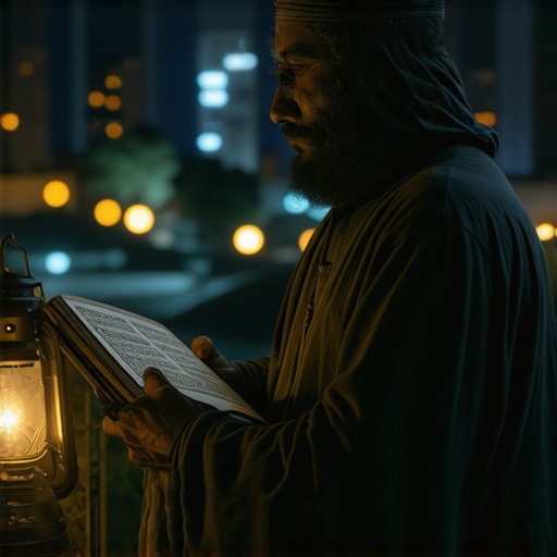 A scholar studying Islamic dream symbols at night with Quran and lantern
