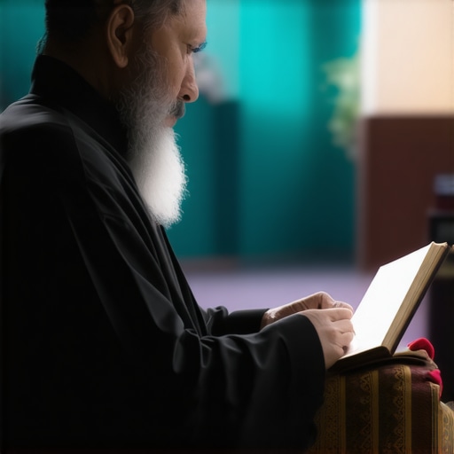 An Islamic scholar reflecting on dream symbols and divine messages in a peaceful study environment.