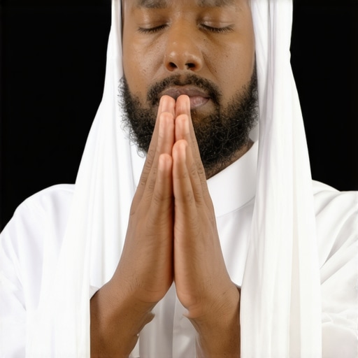 Muslim praying with hands raised for healing A person in prayer, embodying faith and divine mercy.