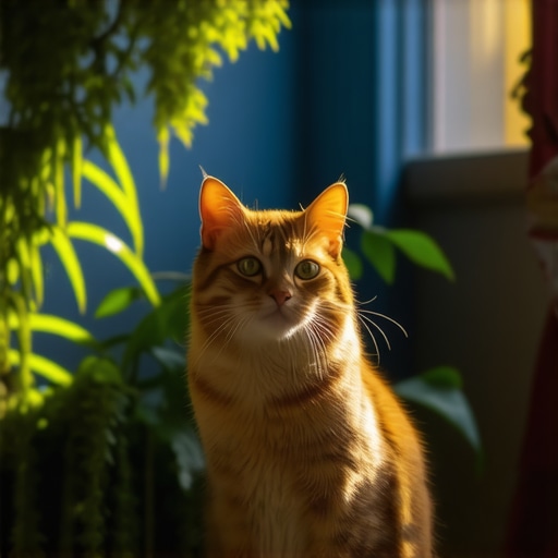 A tranquil cat in a garden representing spiritual harmony in Islamic dreams