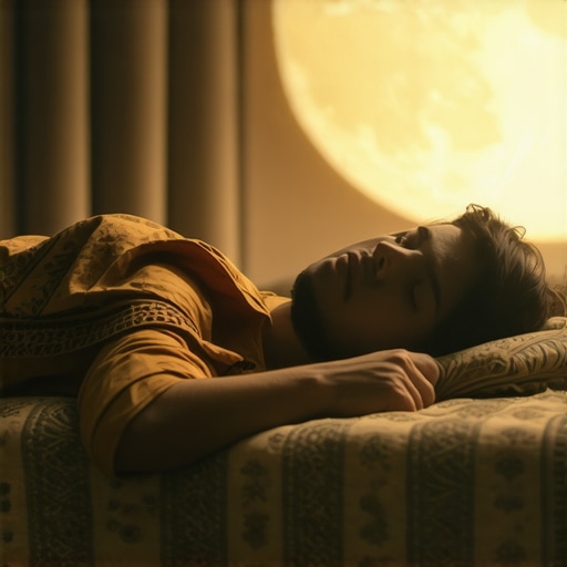 A tranquil Islamic bedroom scene showing peaceful sleep and sacred symbols in the ambiance.