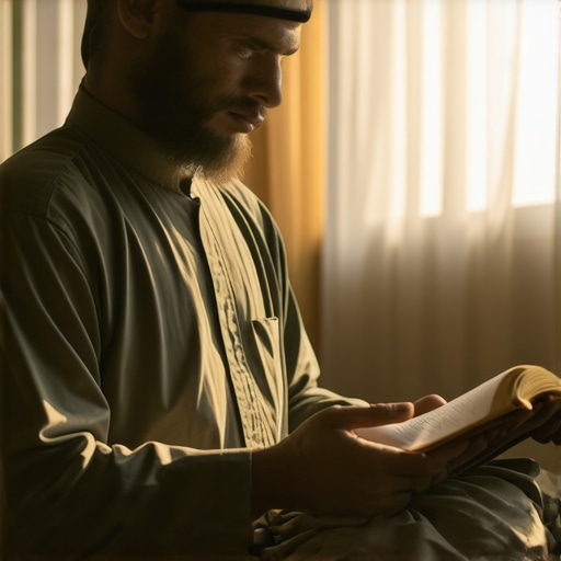 A person studying Islamic texts about dream symbols in a peaceful setting.