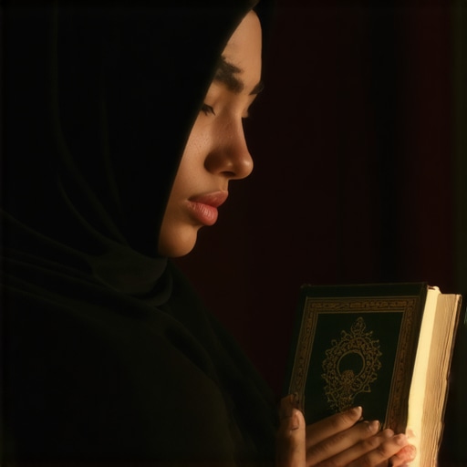 A Muslim woman meditating with Quran, contemplating dreams and spiritual signs