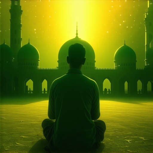 Sacred Symbols in Islamic Dream Interpretation Illustration of a person contemplating luminous Islamic symbols like the Green Dome and pearl in a serene spiritual setting