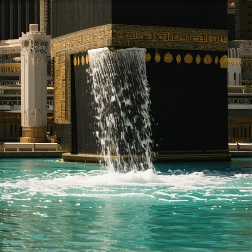 A peaceful image of Zamzam water flowing from the well near the Kaaba, symbolizing divine mercy and spiritual renewal.