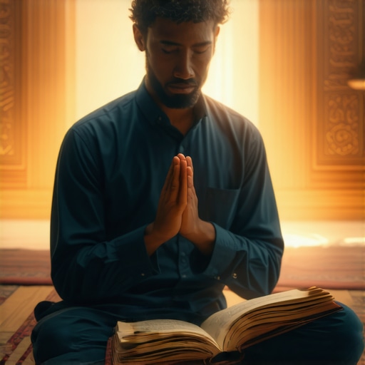 Spiritual Reflection in Dream Interpretation Person praying with dream journal and Islamic symbols