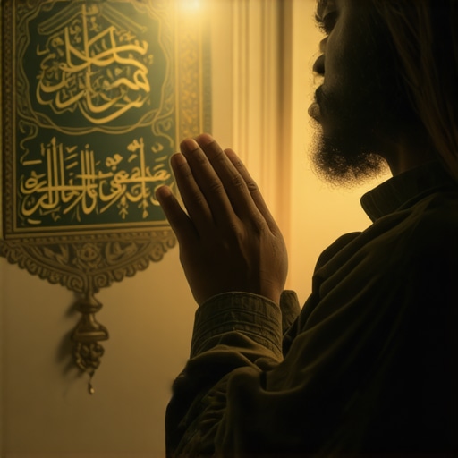Divine Guidance through Prayer and Dreams A Muslim individual praying with a journal and Islamic symbols