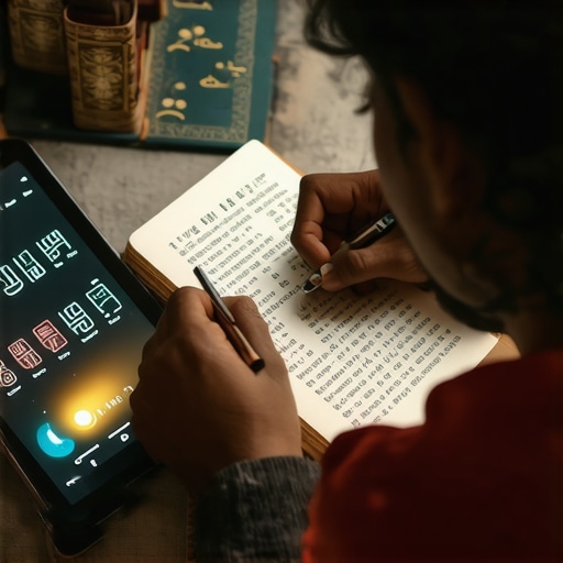 Person journaling dreams with Islamic symbols and digital devices