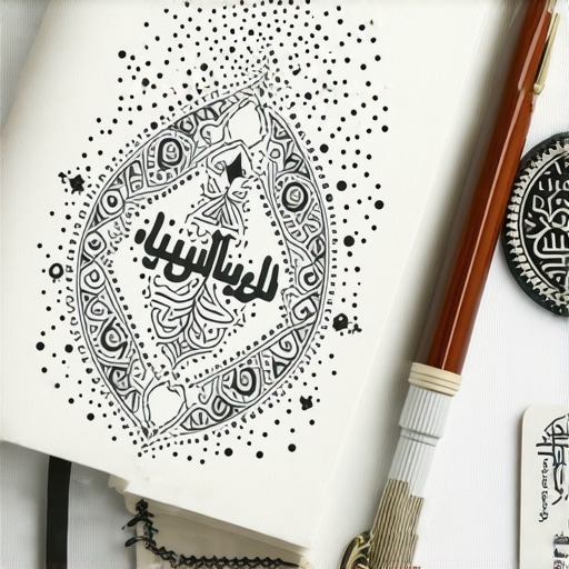 A neat dream journal open on a desk with Islamic symbols and a pen, representing spiritual reflection and divine signs.