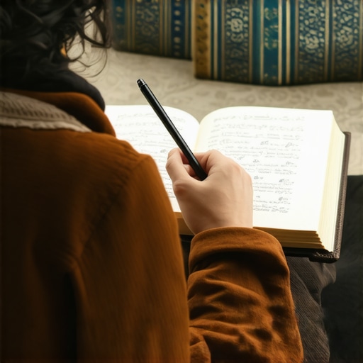 A person recording dreams in a journal surrounded by Islamic symbols and a peaceful setting.