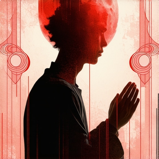 A person meditating under a red moon, symbolizing deep spiritual reflection and the search for guidance in Islamic dream interpretation.