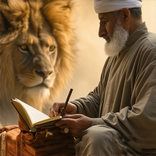 Islamic Dream Interpretation Scholar Scholar analyzing dream symbols with a gentle lion in the background