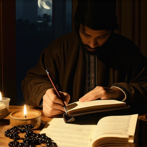 A person writing in a journal, with an Islamic dream interpretation book and prayer beads nearby, symbolizing dedication to understanding spiritual messages in dreams.