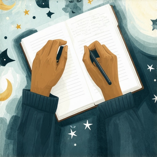 Person journaling dreams with Islamic symbols in a serene environment.