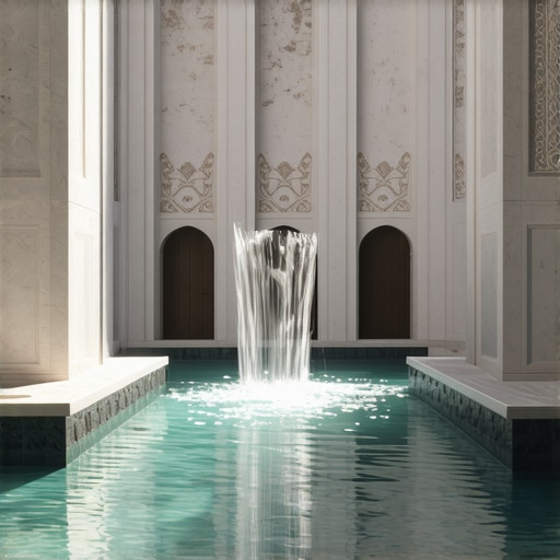 Serene mosque interior with water flowing, representing spiritual purification and divine connection.