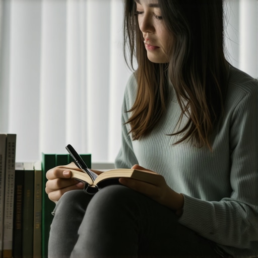 Reflecting on Dream Interpretations in a Serene Setting A woman thoughtfully journaling about her dreams, surrounded by Islamic texts on dream interpretation.