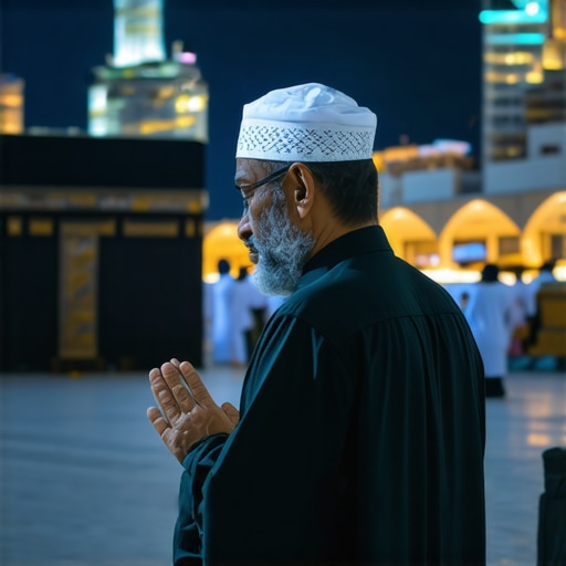 Muslim praying at night with symbols of Hajj and Umrah in the background.