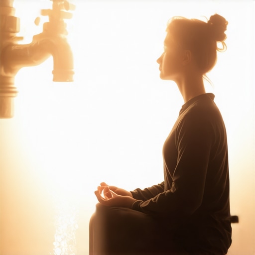 An individual in a state of deep spiritual contemplation, reflecting on a dream about a leaking faucet, symbolizing introspection and seeking guidance in Islamic dream interpretation.