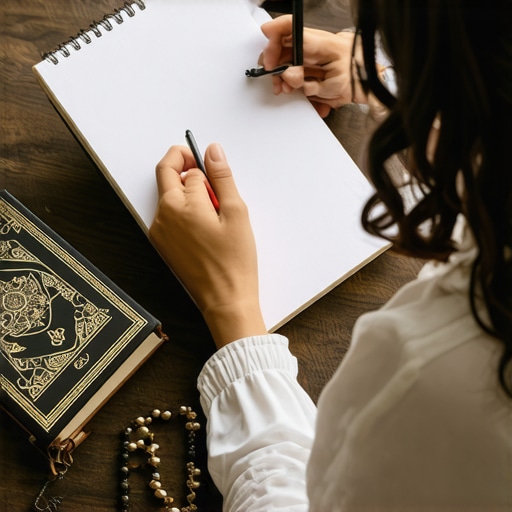 A Muslim individual engaged in spiritual reflection and dream journaling, with Islamic prayer items subtly in the background.