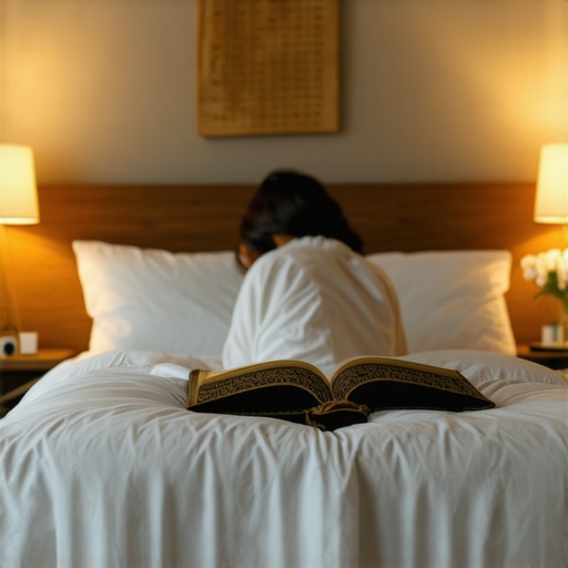 A serene bedroom with a person reciting dua before sleeping, surrounded by Quran and candles