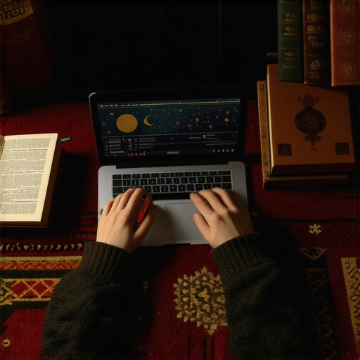 A person organizing dreams with a laptop, journal, and Islamic books, symbolizing tools for long-term success.
